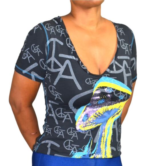 Christian Audigier Tee Black Printed Metallic Shirt Retro Psychedelic Size Small - Picture 1 of 14